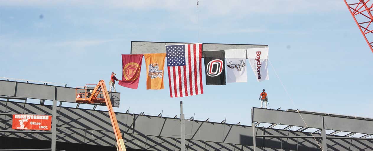 flags hanging at the Ralston Arena in Nebraska